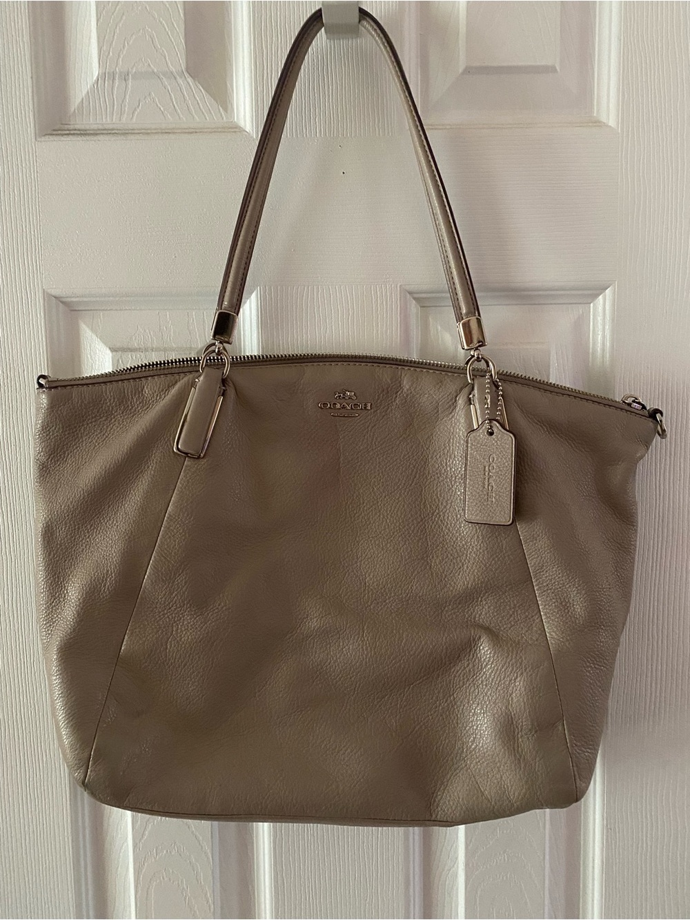 Coach Taupe Leather Tote with Signature Tag